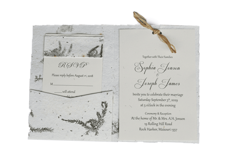 Wedding invitation crafted from elegant seed paper, featuring natural-themed graphics with RSVP card attached by a twine bow. The text on the card invites guests to a ceremony in Honor, Missouri.