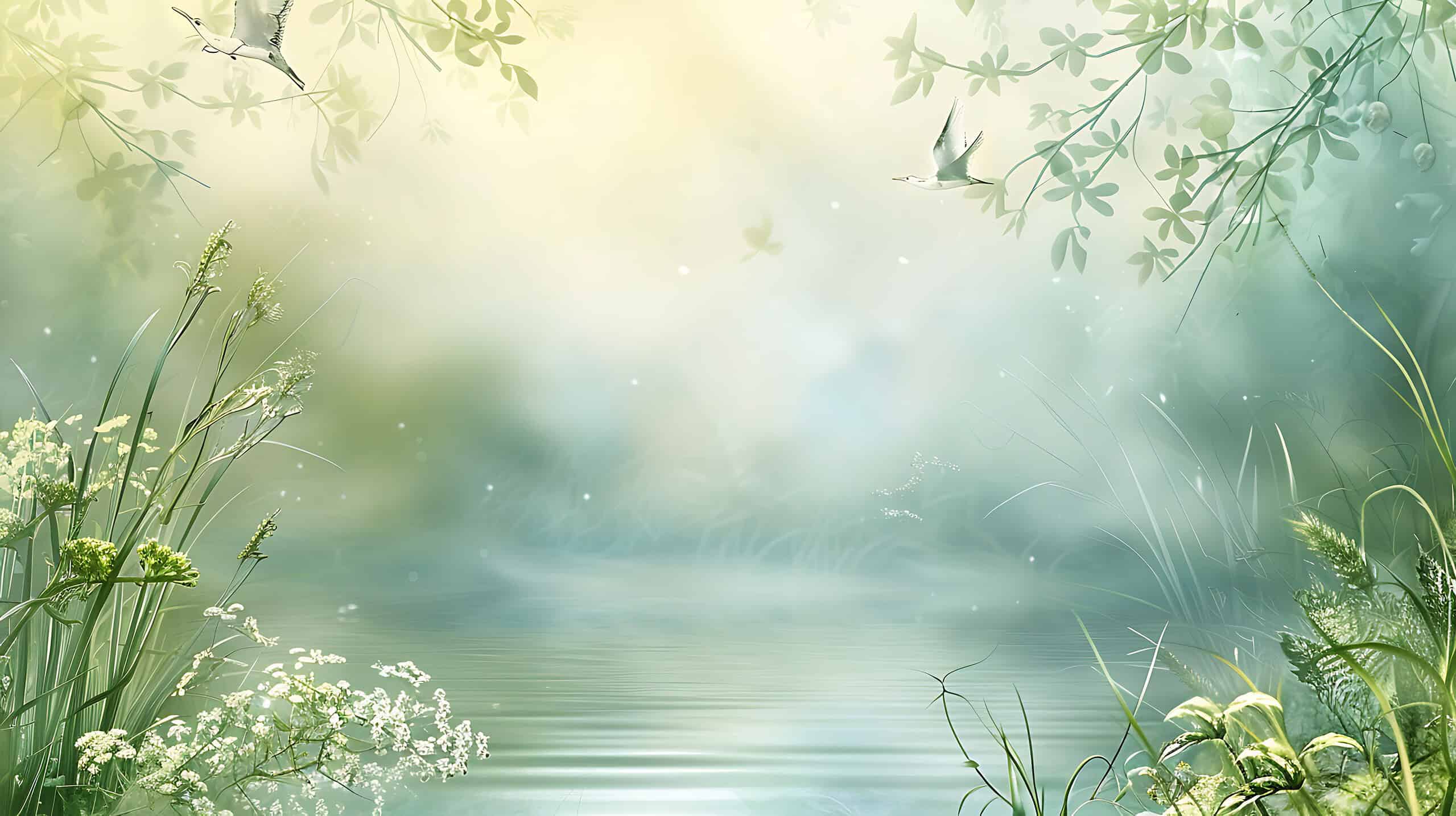 A serene, dreamy nature scene with delicate foliage and flowers along a misty pond. Birds fly overhead, and soft light filters through the greenery, creating a peaceful, ethereal atmosphere.